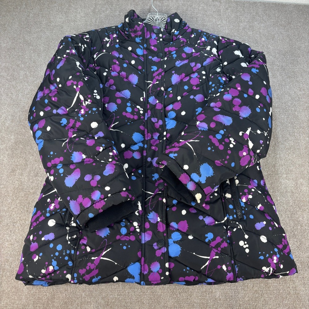 Justice Girls Puffer Jacket Size 16/18 Black Paint Splatter Sherpa Lined Quilted